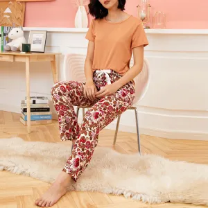 Floral Print Short Sleeve Top & Pants Pajama Set