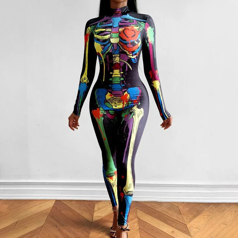 Floral Skull Print Long Sleeve Jumpsuit