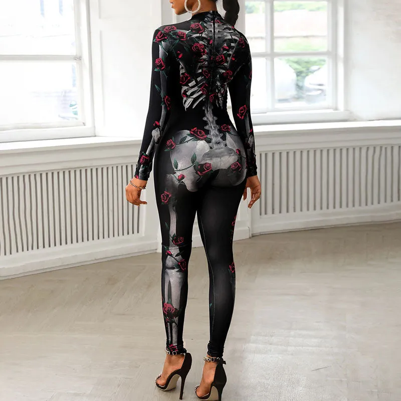Floral Skull Print Long Sleeve Jumpsuit