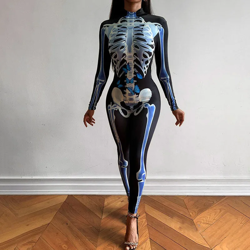 Floral Skull Print Long Sleeve Jumpsuit