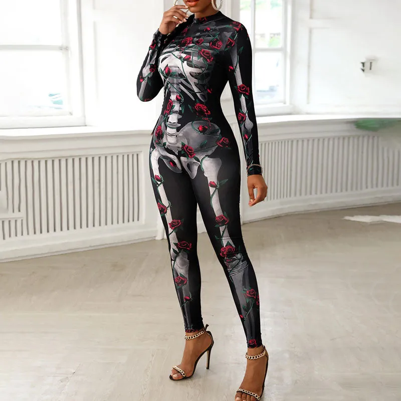 Floral Skull Print Long Sleeve Jumpsuit