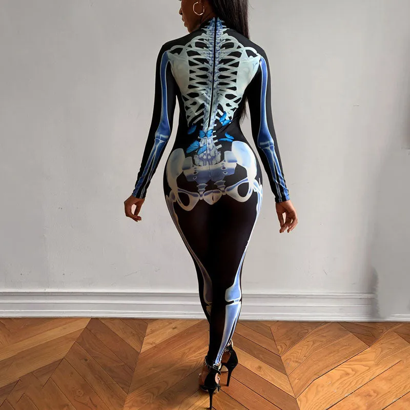 Floral Skull Print Long Sleeve Jumpsuit