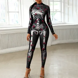 Floral Skull Print Long Sleeve Jumpsuit
