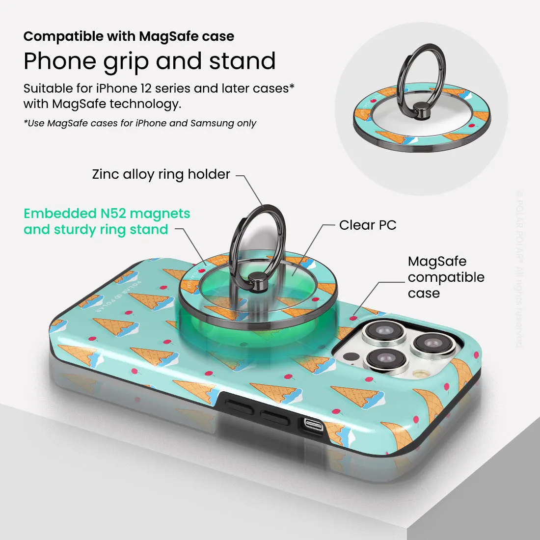 Fujisan Lake Blue Ice Cream - Black MagSafe Phone Grip and Ring Holder Stand
