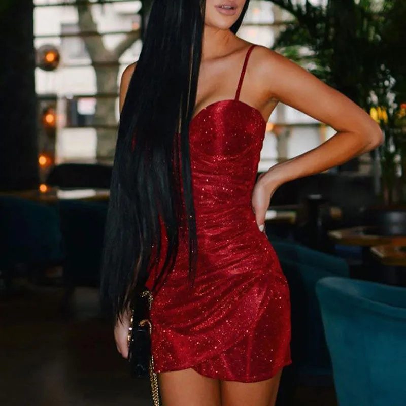 Glitter Sleeveless Ruched Spaghetti Strap Bodycon Dress