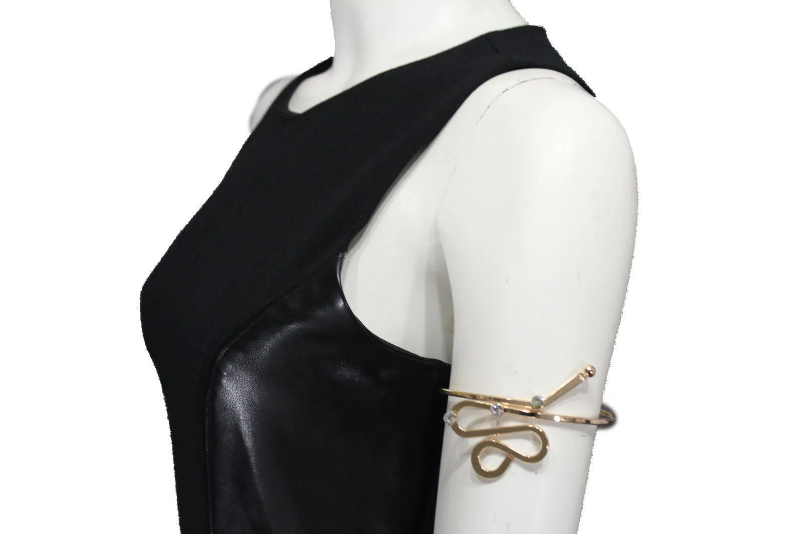 Gold Metal Cuff High Arm Bracelet Wrap Around Retro Silver Rhinestones