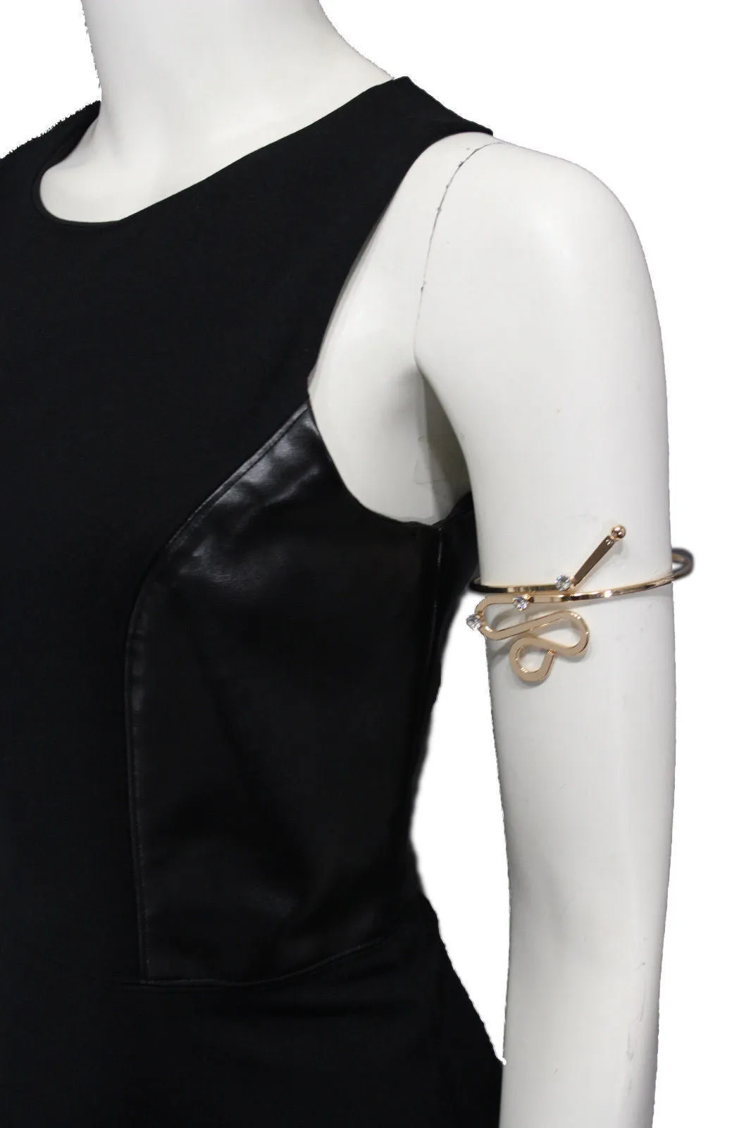 Gold Metal Cuff High Arm Bracelet Wrap Around Retro Silver Rhinestones