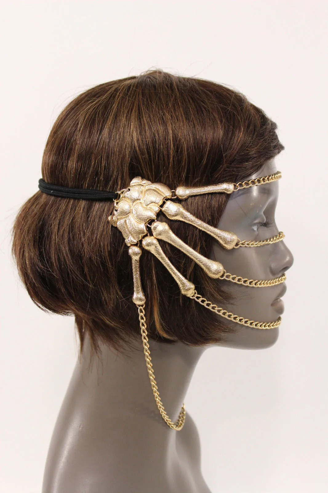Gold Metal Head Chain Elastic Cover Face Mask Gold Skeleton Hand