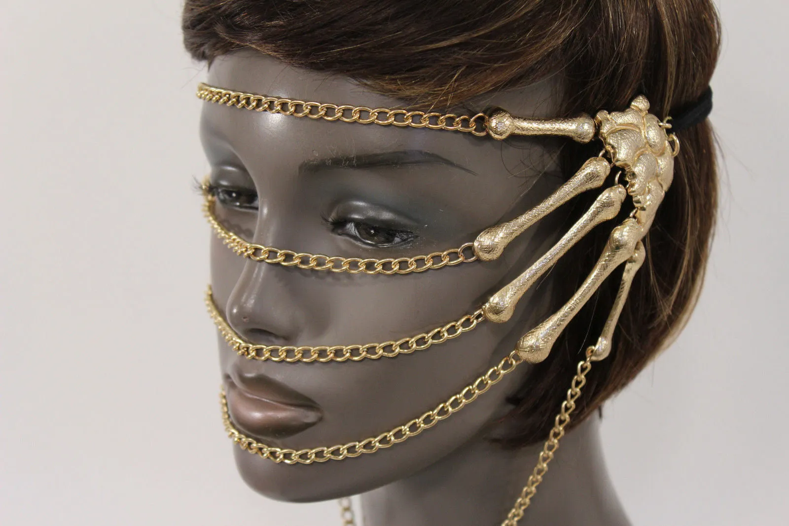 Gold Metal Head Chain Elastic Cover Face Mask Gold Skeleton Hand