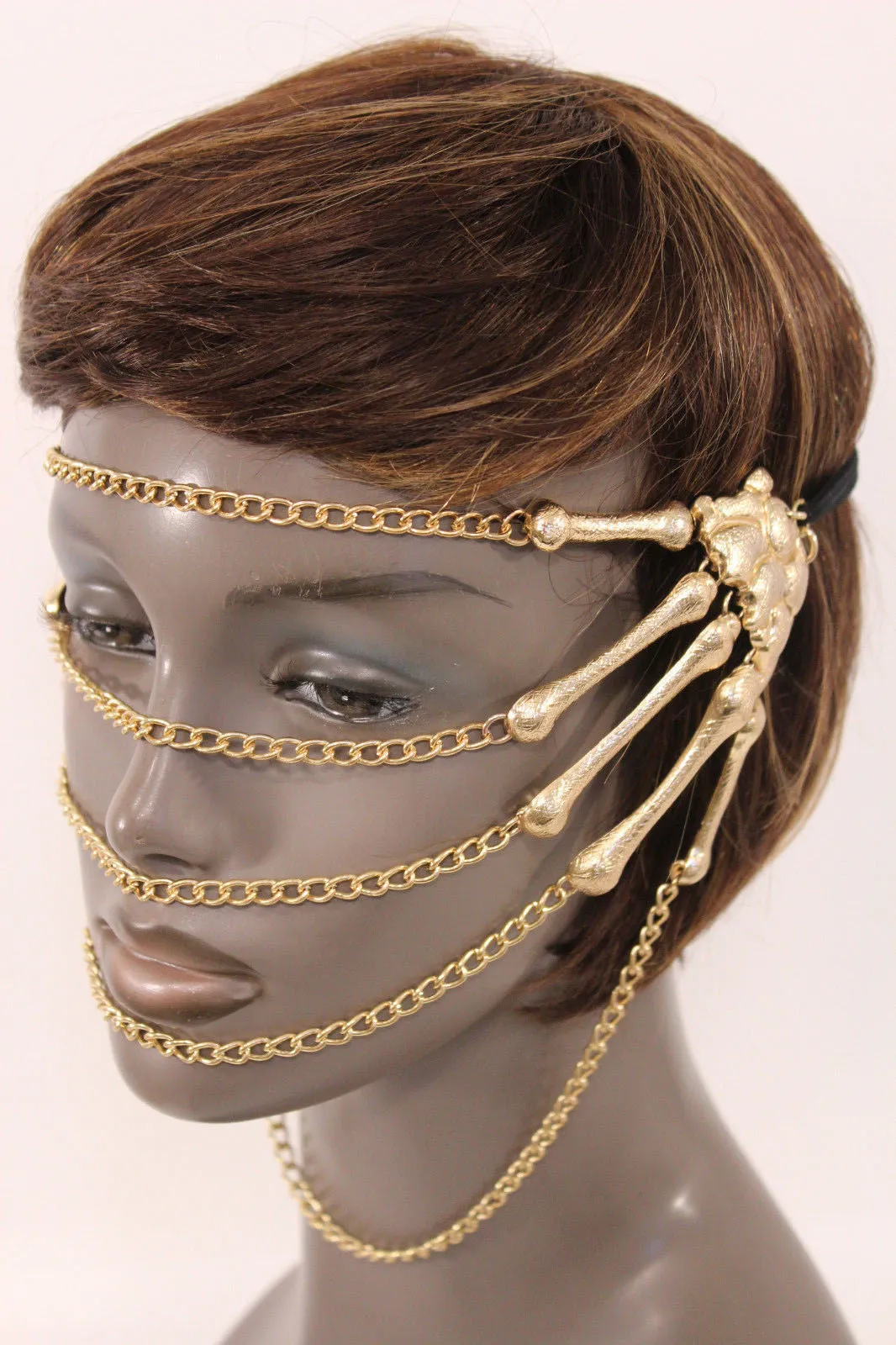 Gold Metal Head Chain Elastic Cover Face Mask Gold Skeleton Hand