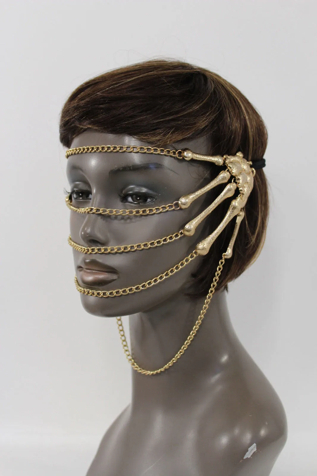 Gold Metal Head Chain Elastic Cover Face Mask Gold Skeleton Hand