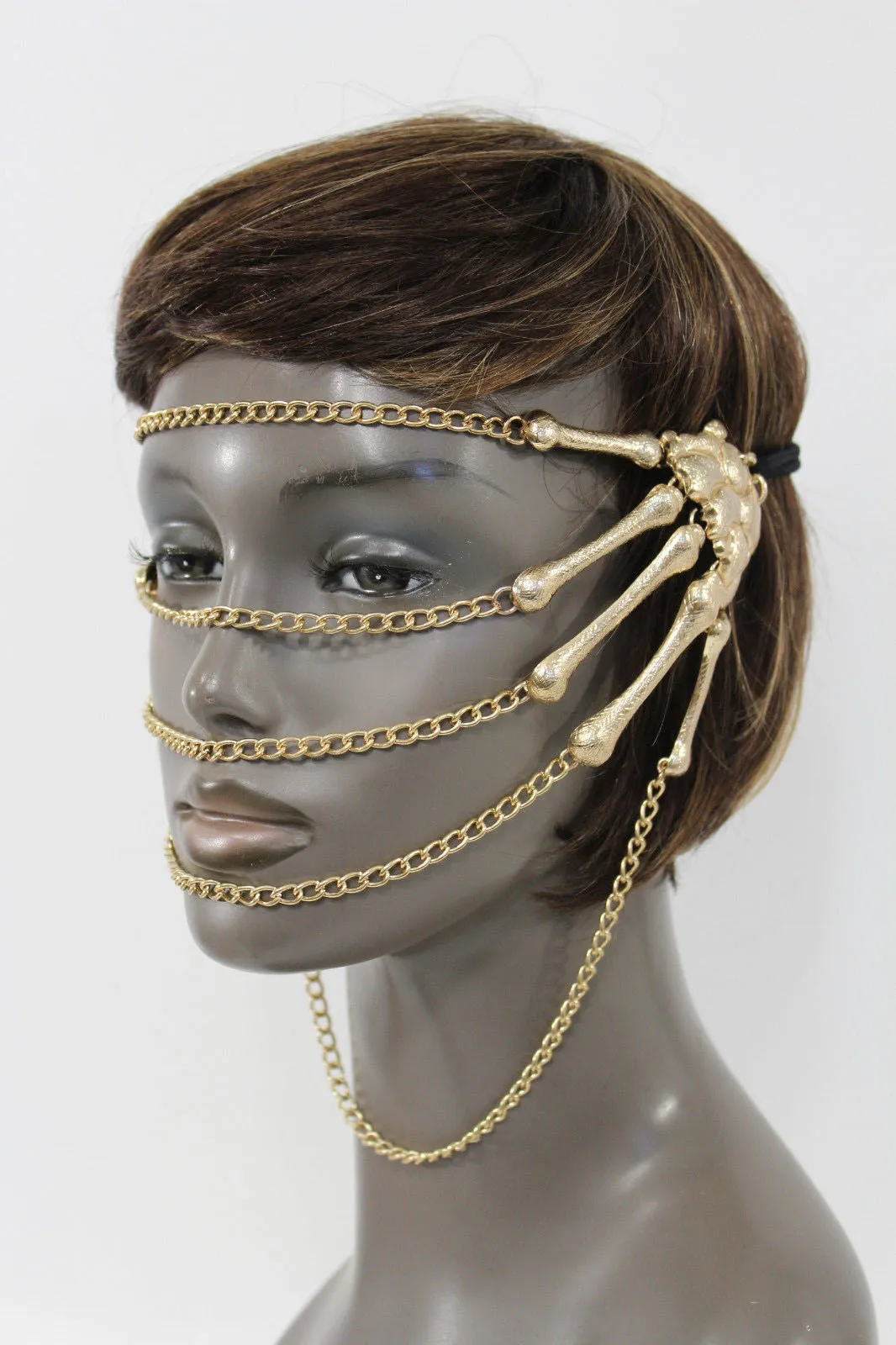 Gold Metal Head Chain Elastic Cover Face Mask Gold Skeleton Hand