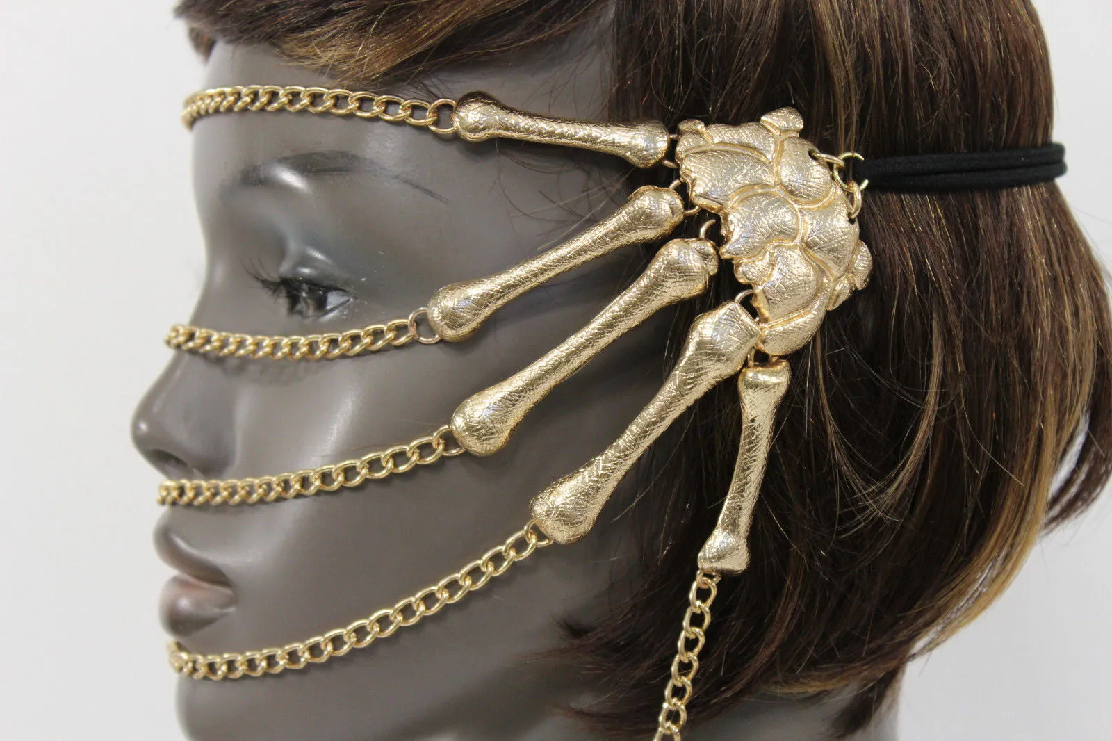 Gold Metal Head Chain Elastic Cover Face Mask Gold Skeleton Hand