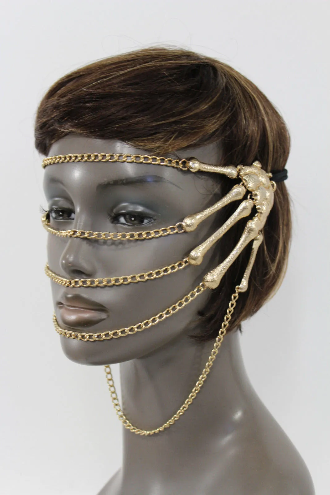 Gold Metal Head Chain Elastic Cover Face Mask Gold Skeleton Hand