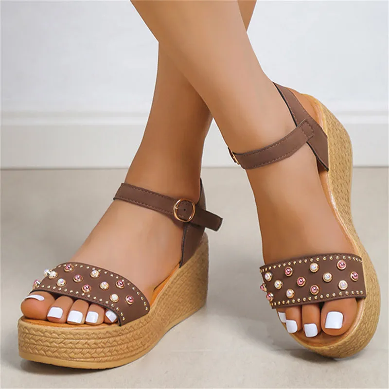 Gorgeous Pearl Buckle Wedge Heel Roman Sandals for Women