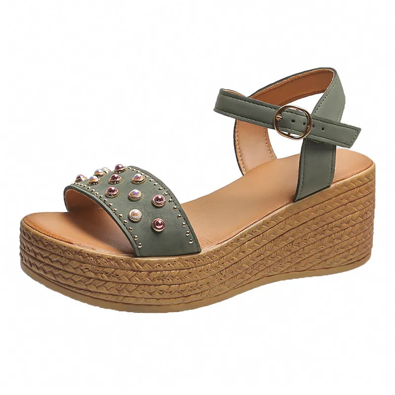 Gorgeous Pearl Buckle Wedge Heel Roman Sandals for Women