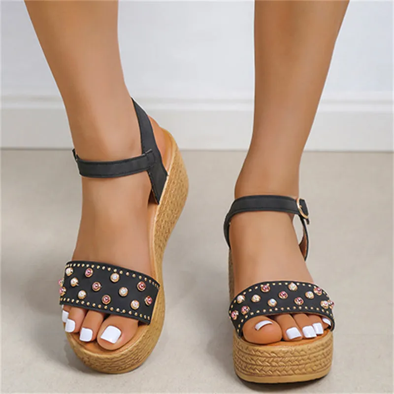 Gorgeous Pearl Buckle Wedge Heel Roman Sandals for Women