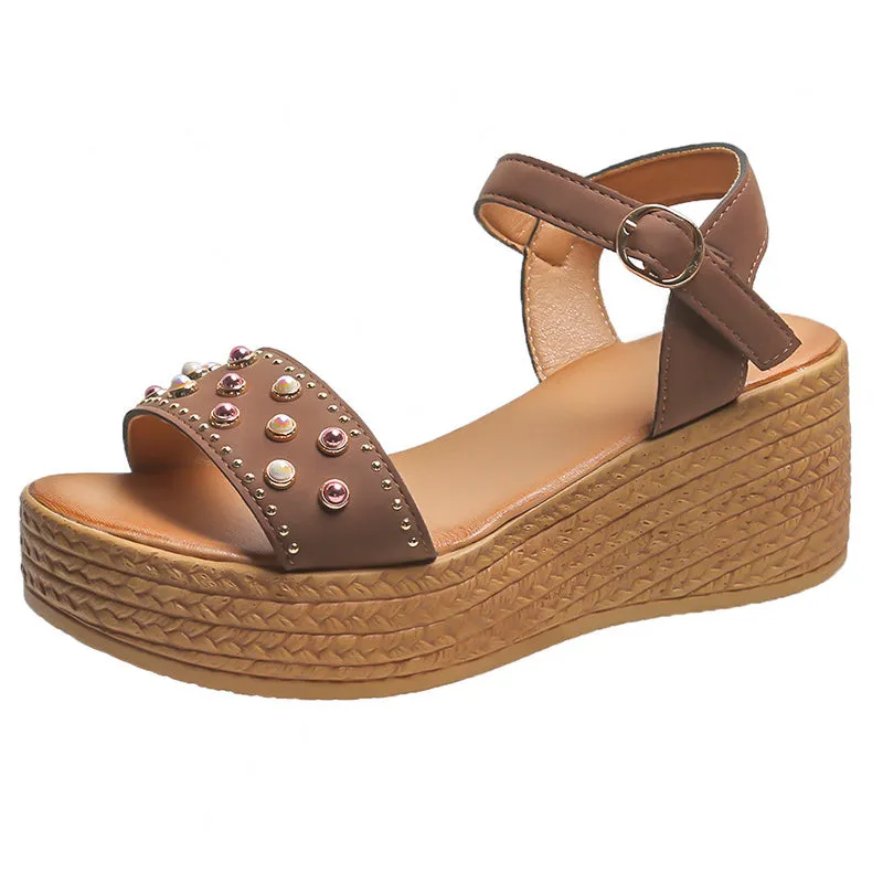 Gorgeous Pearl Buckle Wedge Heel Roman Sandals for Women