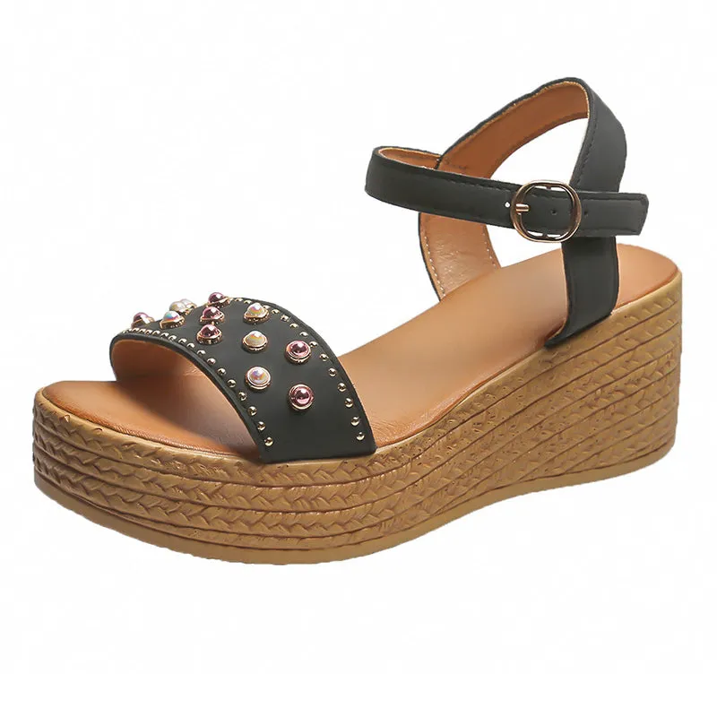Gorgeous Pearl Buckle Wedge Heel Roman Sandals for Women