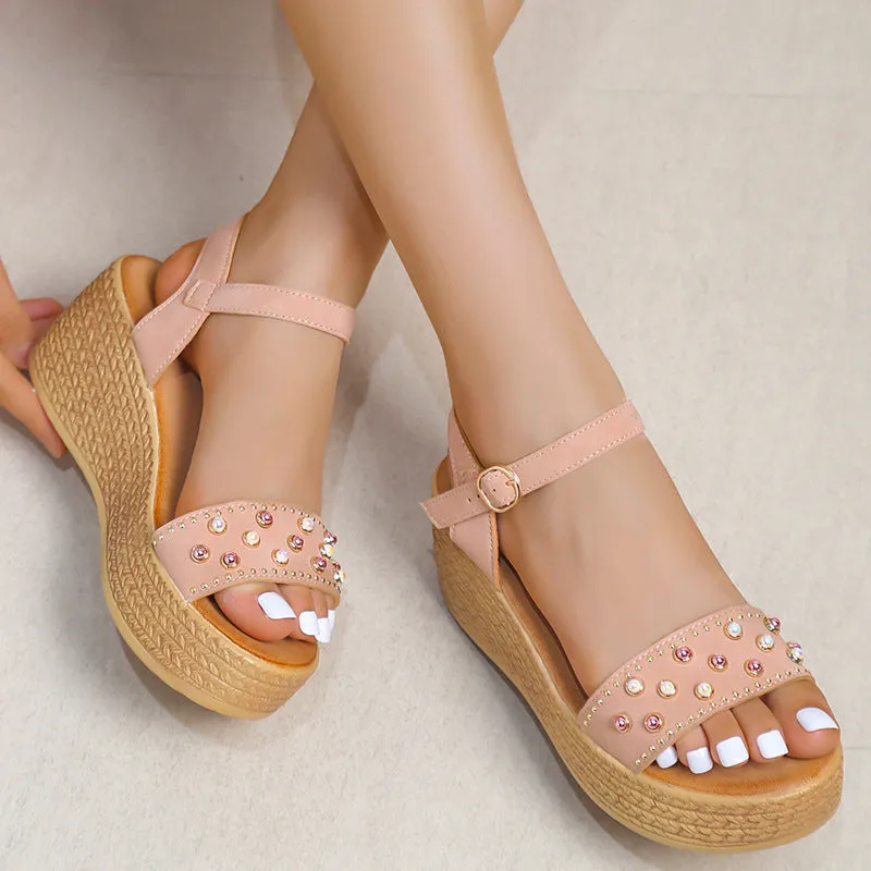Gorgeous Pearl Buckle Wedge Heel Roman Sandals for Women