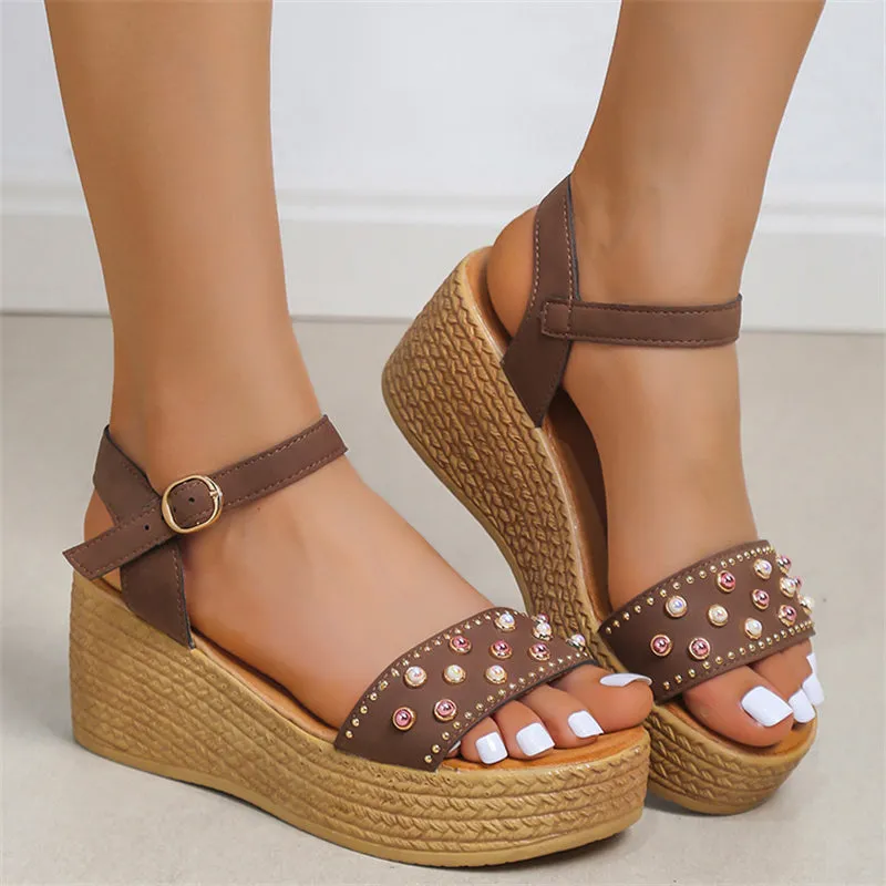 Gorgeous Pearl Buckle Wedge Heel Roman Sandals for Women