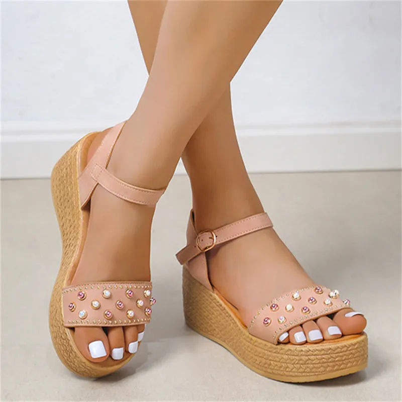 Gorgeous Pearl Buckle Wedge Heel Roman Sandals for Women