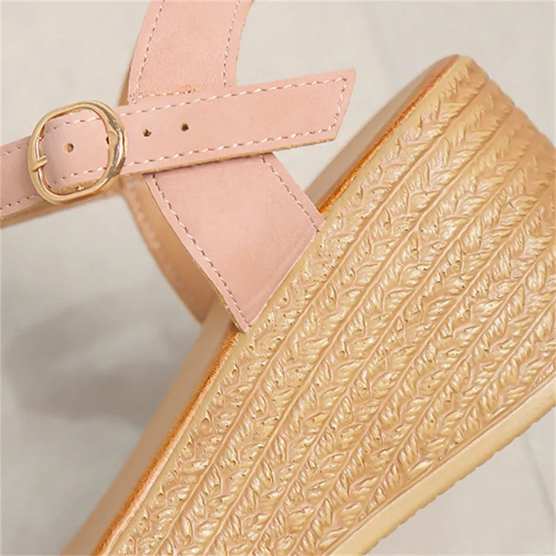 Gorgeous Pearl Buckle Wedge Heel Roman Sandals for Women