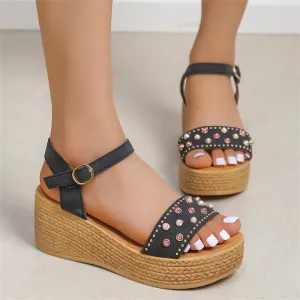Gorgeous Pearl Buckle Wedge Heel Roman Sandals for Women