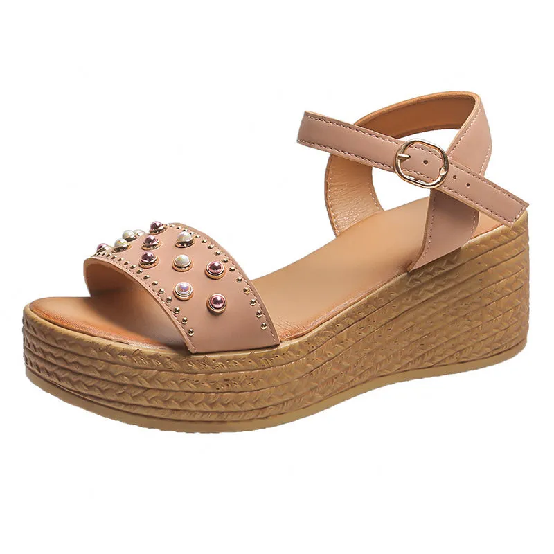 Gorgeous Pearl Buckle Wedge Heel Roman Sandals for Women