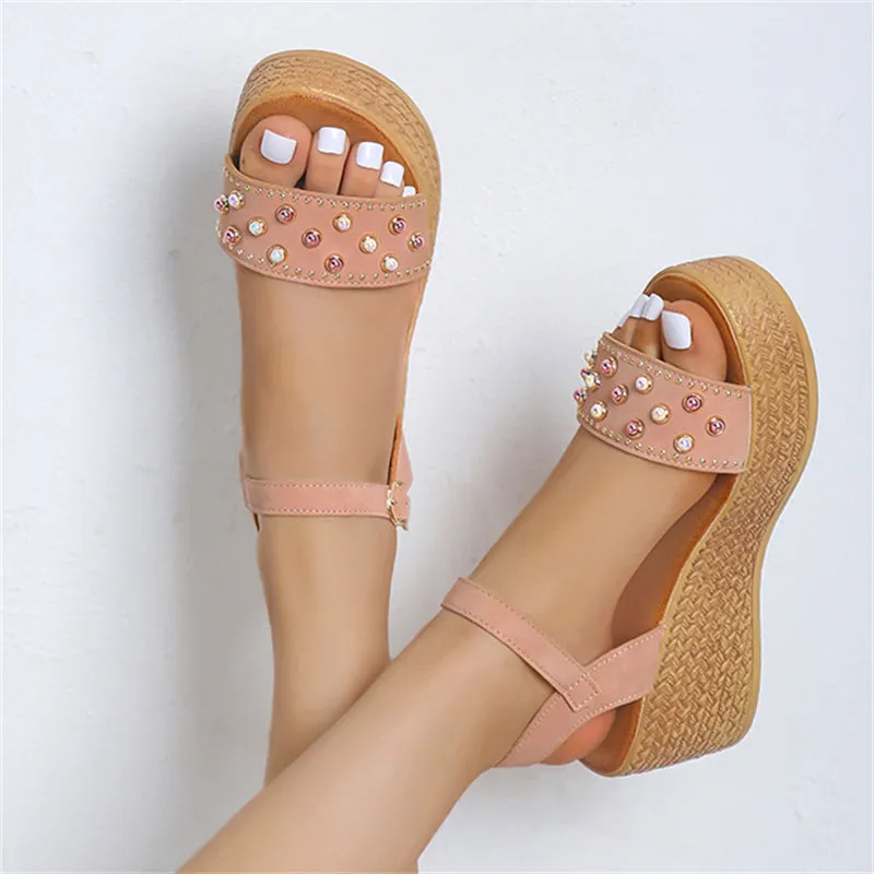 Gorgeous Pearl Buckle Wedge Heel Roman Sandals for Women
