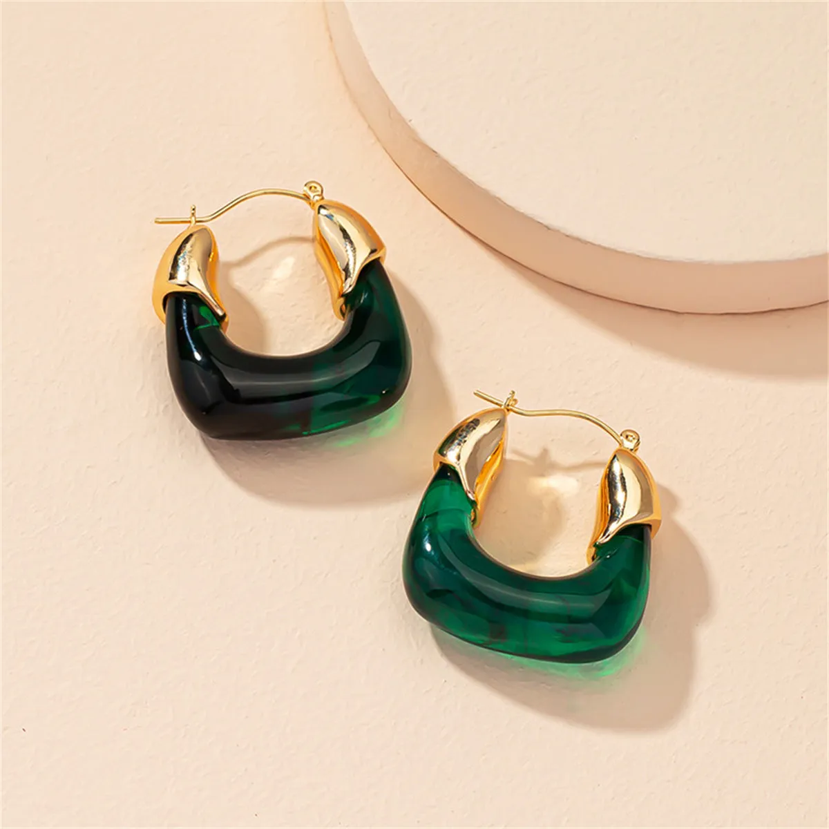 Green Resin & 18K Gold-Plated U-Shape Huggie Earring
