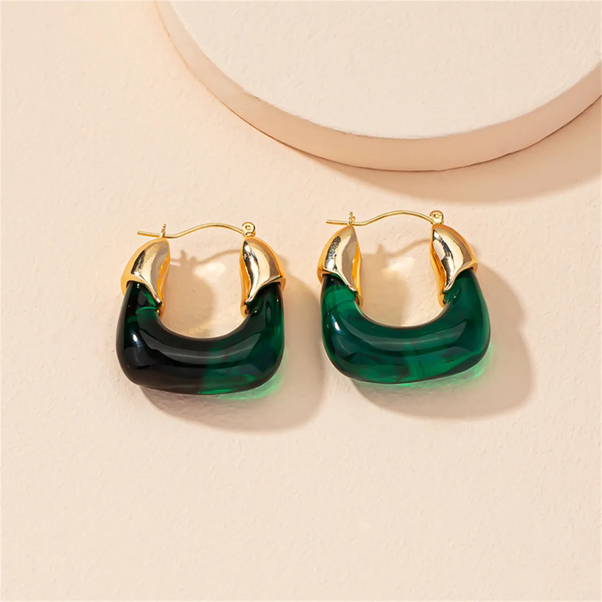 Green Resin & 18K Gold-Plated U-Shape Huggie Earring