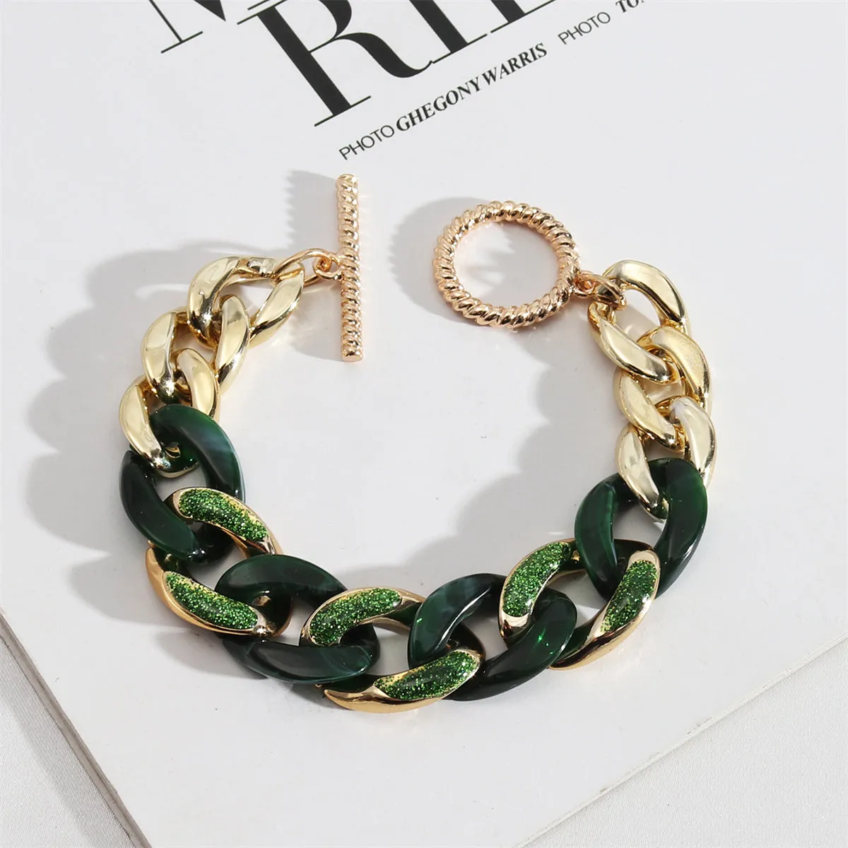 Green Resin & Enamel 18K Gold-Plated Curb Chain Bracelet