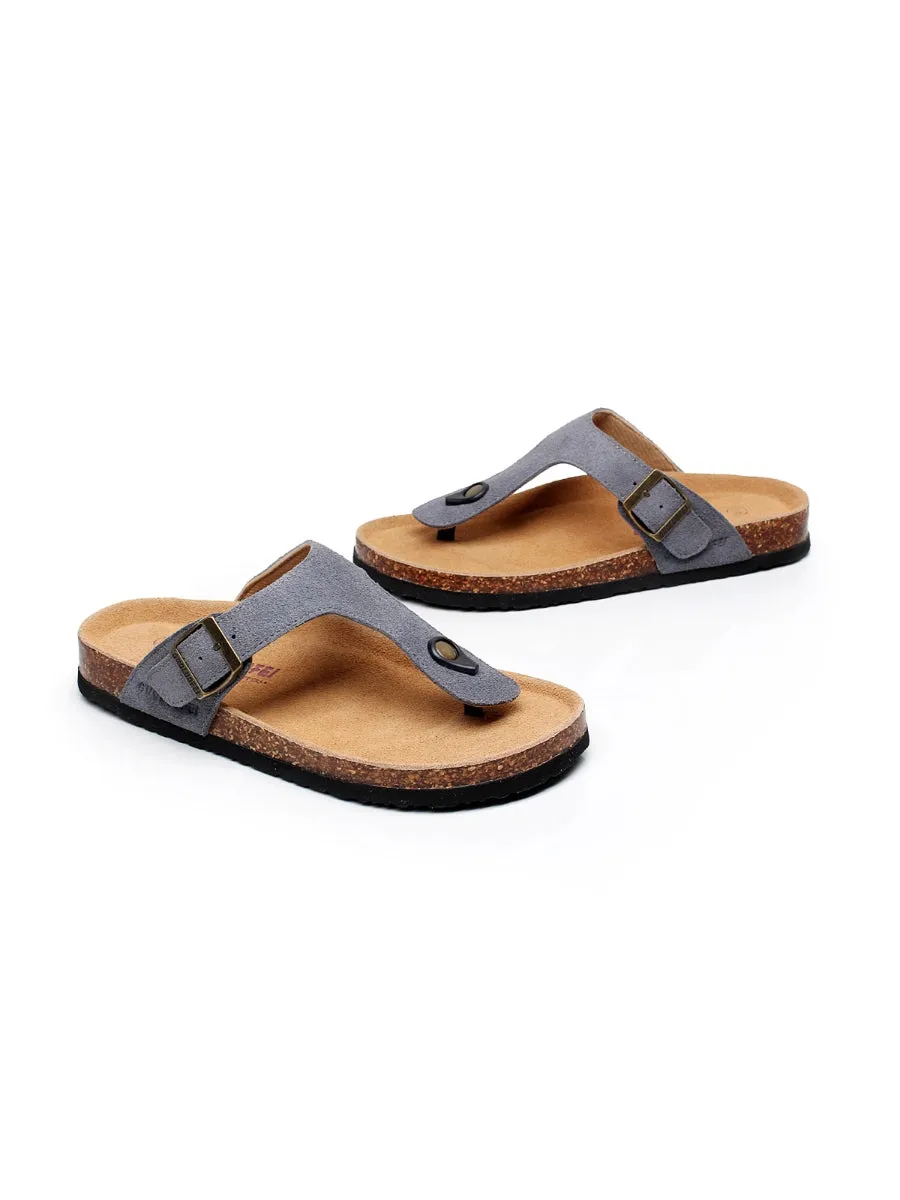 Grey Suede T-Strap Leather Sandal