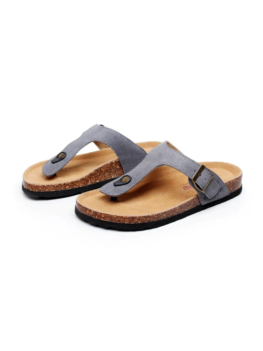 Grey Suede T-Strap Leather Sandal