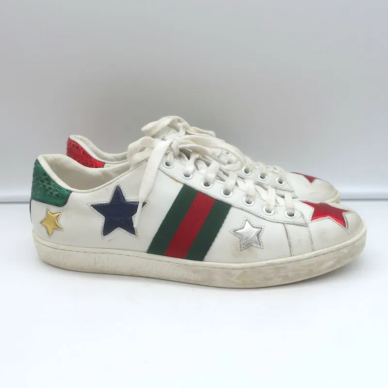 Gucci Ace Star Low Top Sneakers White & Multicolor Metallic Leather Size 39