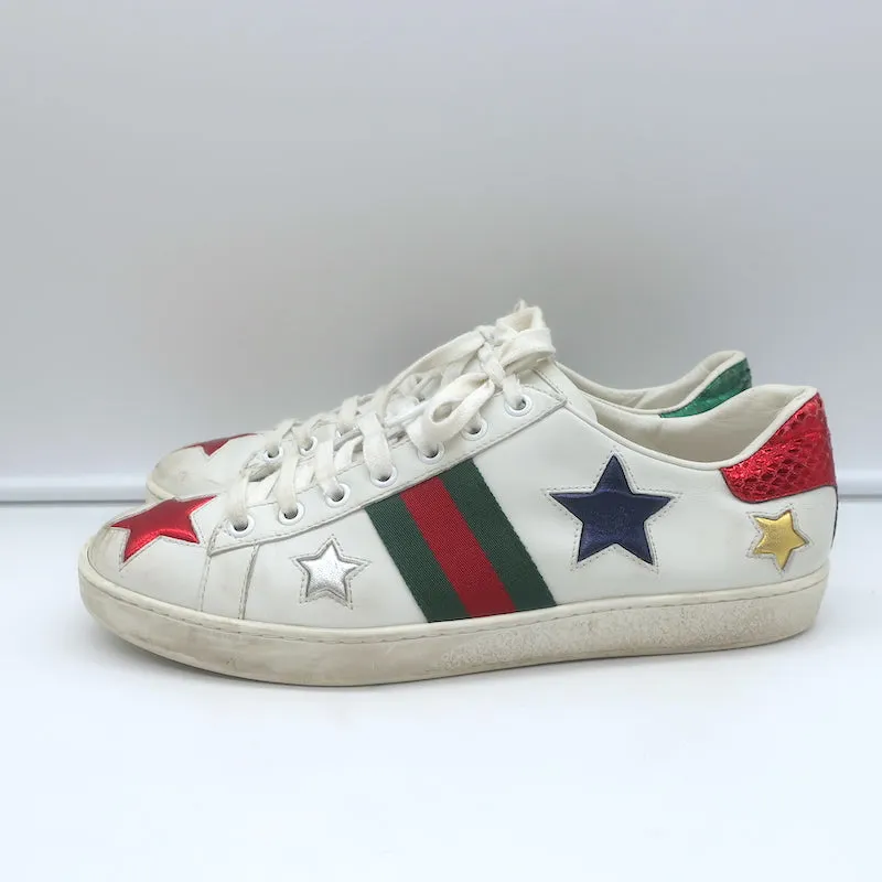 Gucci Ace Star Low Top Sneakers White & Multicolor Metallic Leather Size 39