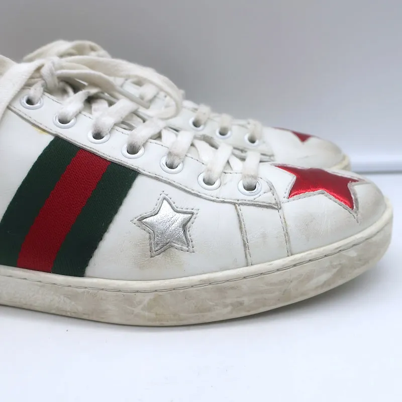 Gucci Ace Star Low Top Sneakers White & Multicolor Metallic Leather Size 39