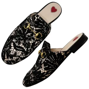 Gucci Princetown Black Lace Leather Horsebit Loafer Mules Size EU 36