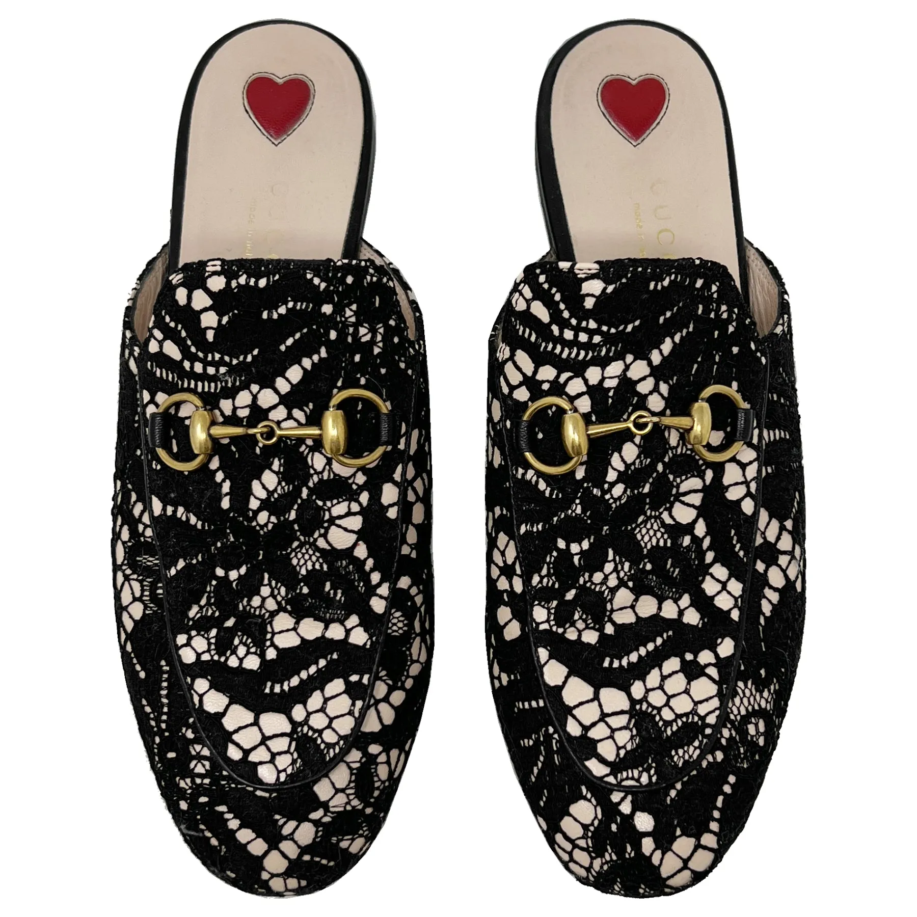 Gucci Princetown Black Lace Leather Horsebit Loafer Mules Size EU 36