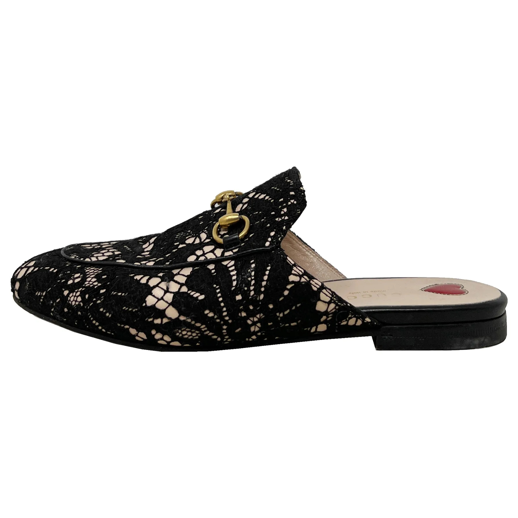 Gucci Princetown Black Lace Leather Horsebit Loafer Mules Size EU 36