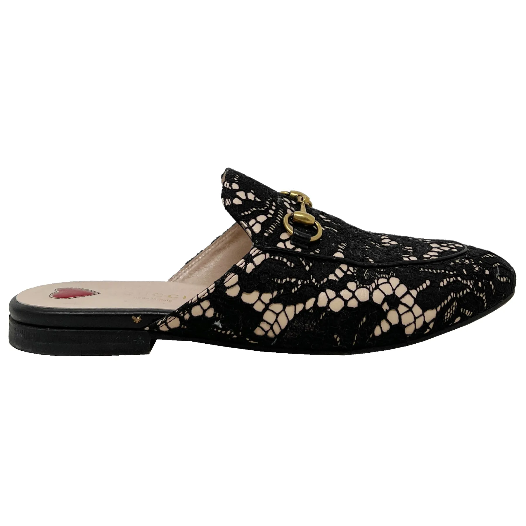 Gucci Princetown Black Lace Leather Horsebit Loafer Mules Size EU 36