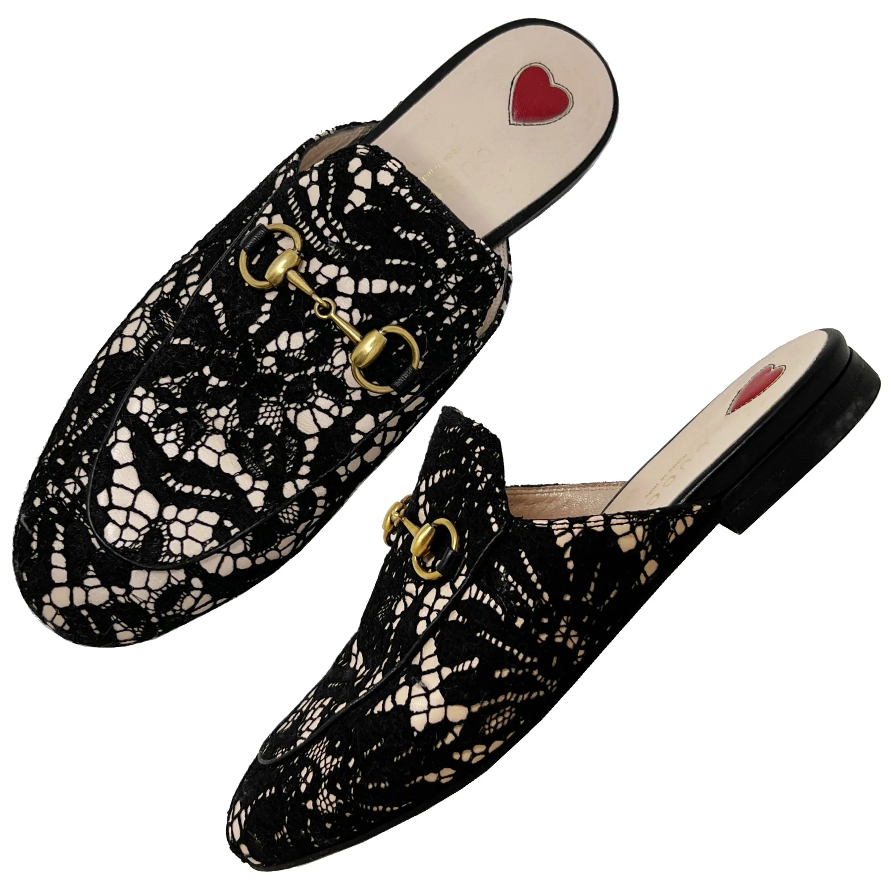 Gucci Princetown Black Lace Leather Horsebit Loafer Mules Size EU 36