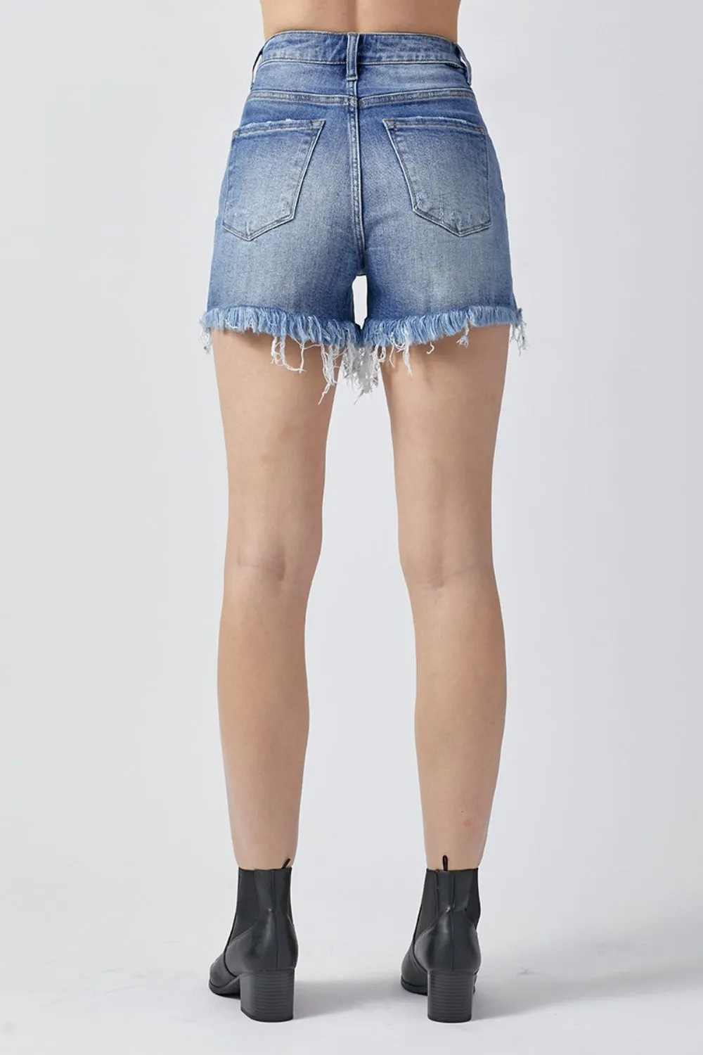 Hazel Blues® |  RISEN Raw Hem Asymmetrical Waist Denim Shorts