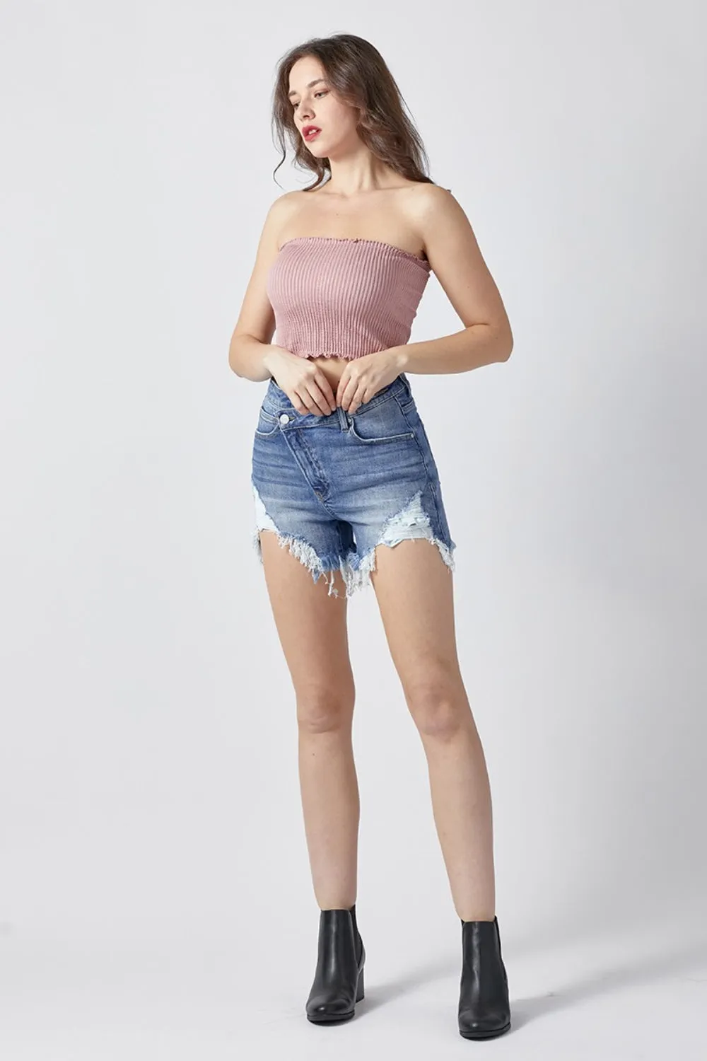 Hazel Blues® |  RISEN Raw Hem Asymmetrical Waist Denim Shorts