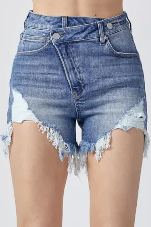 Hazel Blues® |  RISEN Raw Hem Asymmetrical Waist Denim Shorts