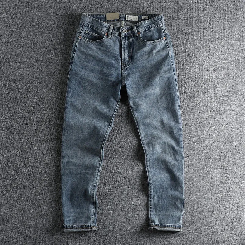 Heavyweight Denim Jeans - Men's Fashion Pure Cotton Washed Old Youth Casual Straight Pants