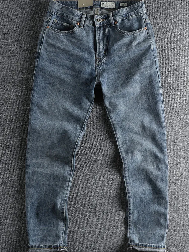Heavyweight Denim Jeans - Men's Fashion Pure Cotton Washed Old Youth Casual Straight Pants