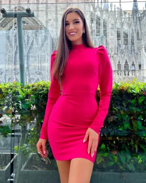 High Neck Long Sleeve Plain Mini Bandage Dress