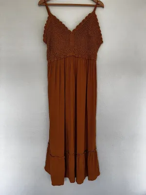 HINT OF BLUSH Crochet Boho Midi Dress Sz XL Rust Color Sleeveless 100% Rayon